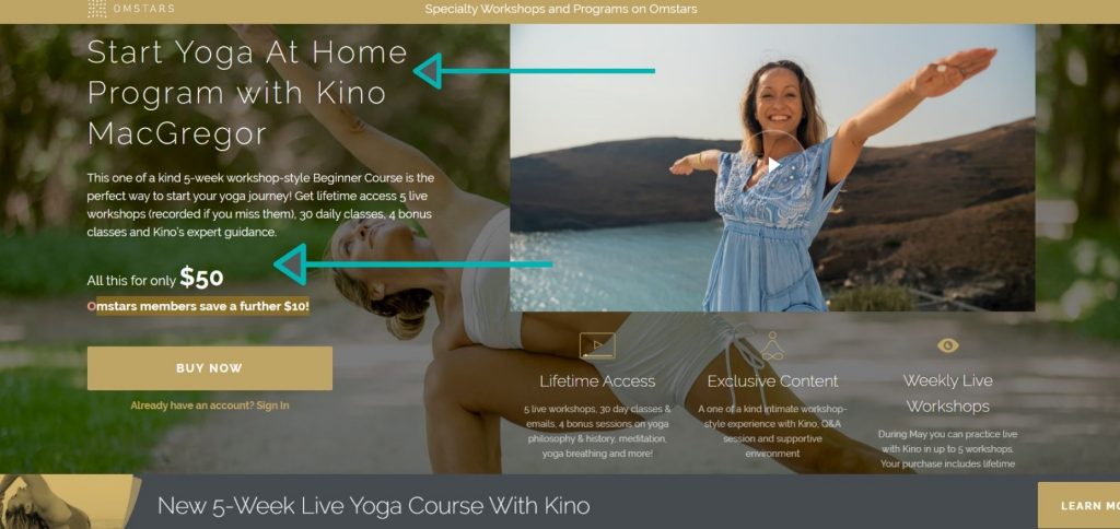 Kino MacGregor teaching yoga challenges on Omstars yoga website.