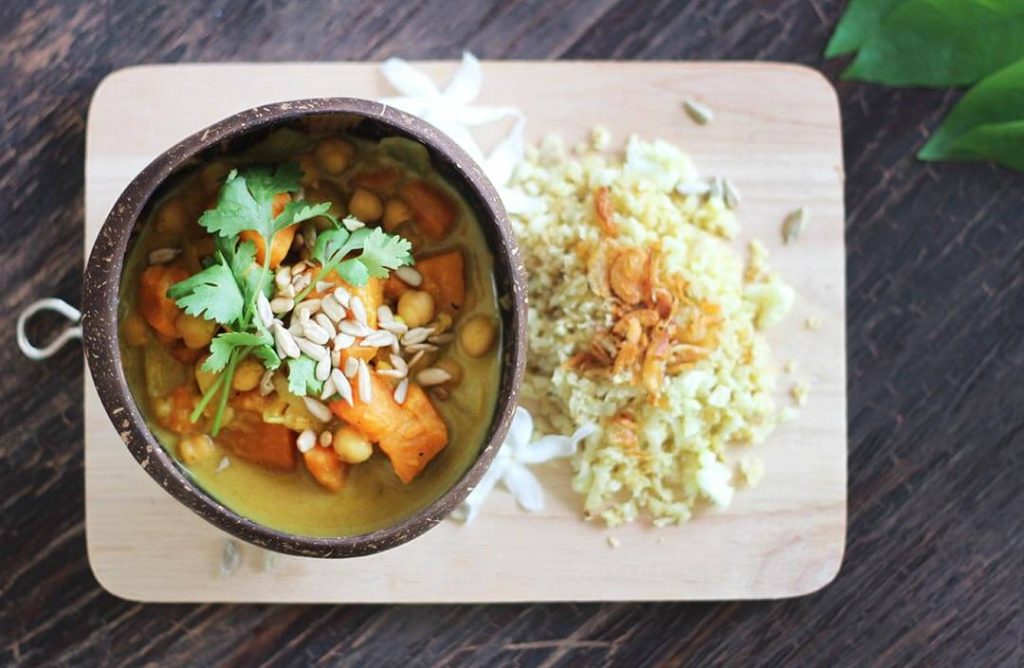 Vegetarian vegan sweet potato curry with cauliflower rice