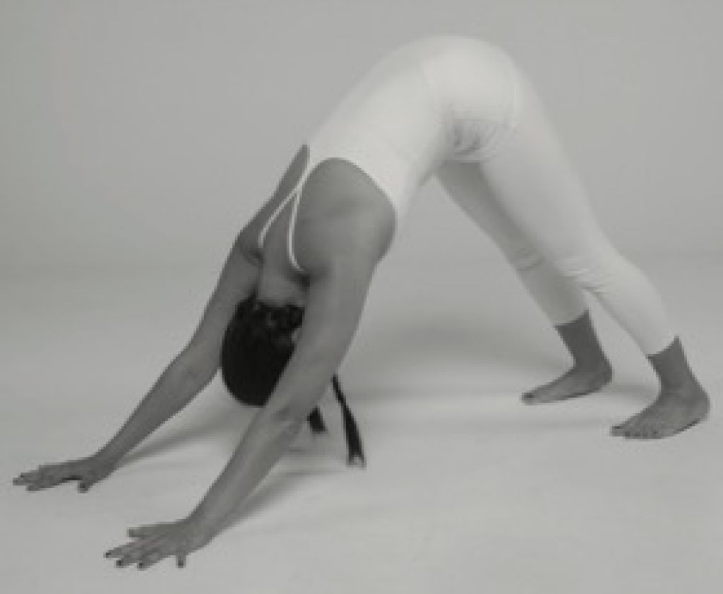 Woman in downward dog facing yoga position doing Yin yoga dog pose.