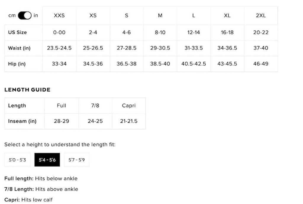 Alo Yoga Size Chart