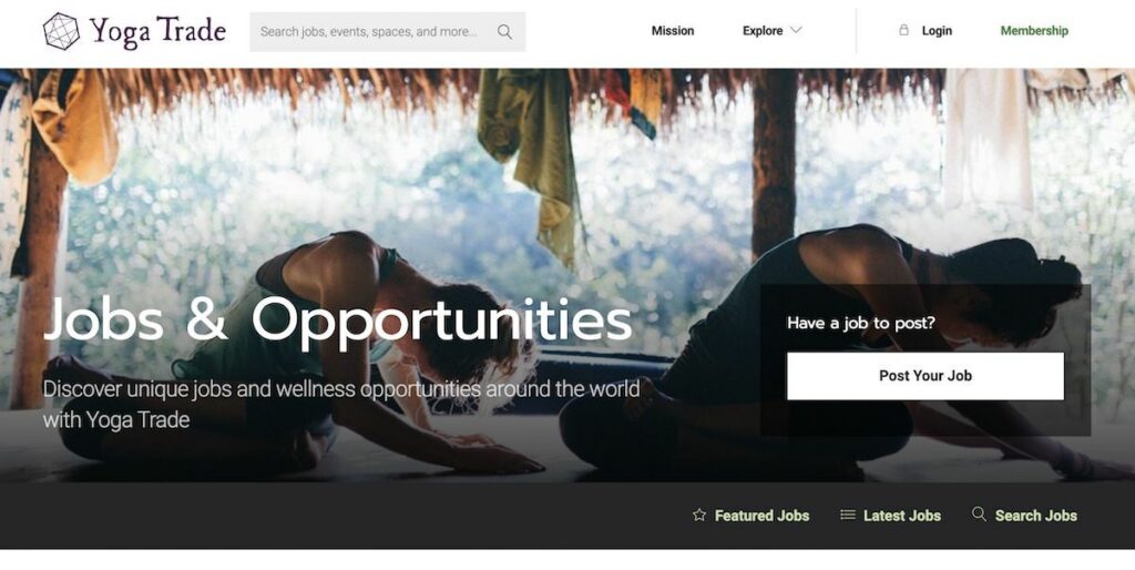 Screenshot of YogaTrade website which is a yoga job site for yoga teachers who are looking for a job teaching yoga.