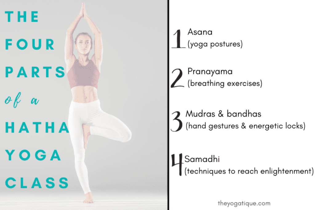 The four parts of a Hatha yoga class infographic - Asana, Pranayama, Mudras & Bandhas, Samadhi.