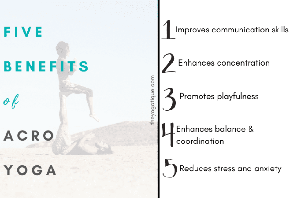 5 benefits of acro yoga infographic 1. improved communication skills 2. enhances concentration 3. promotes playfulness 4. enhances balance and coordination 5. reduces stress and anxiety