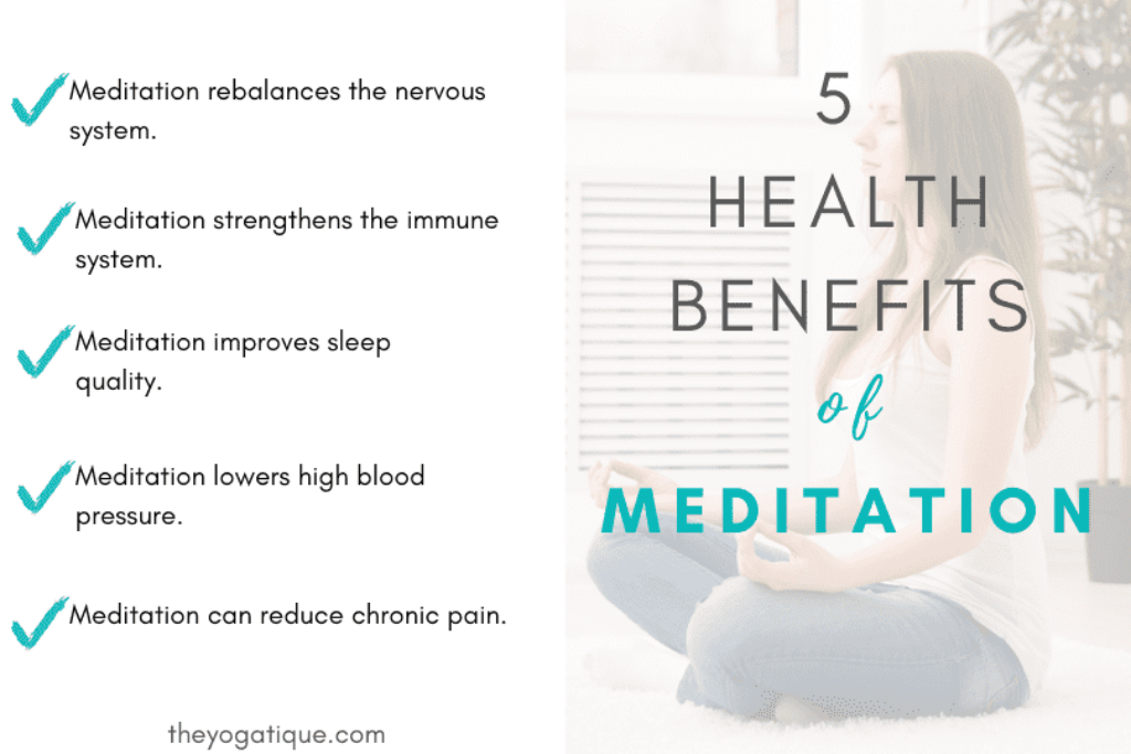 5 health benefits of meditation infographic 1. Meditation rebalances the nervous system 2. Meditation strengthens the immune system 3. Meditation improves sleep quality 4. Meditation lowers high blood pressure 5. Meditation can reduce chronic pain.