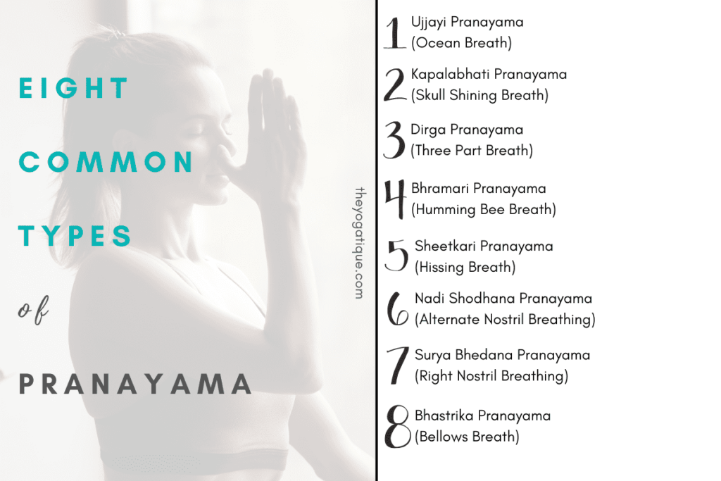 Infographic that describes 8 common types of Pranayama: 1. Ujjayi 2. Kapalabhati 3. Dirga 4. Bhramari 5. Sheetkari 6. Nadi Shodhana 7. Surya Bhedana 8. Bhastrika