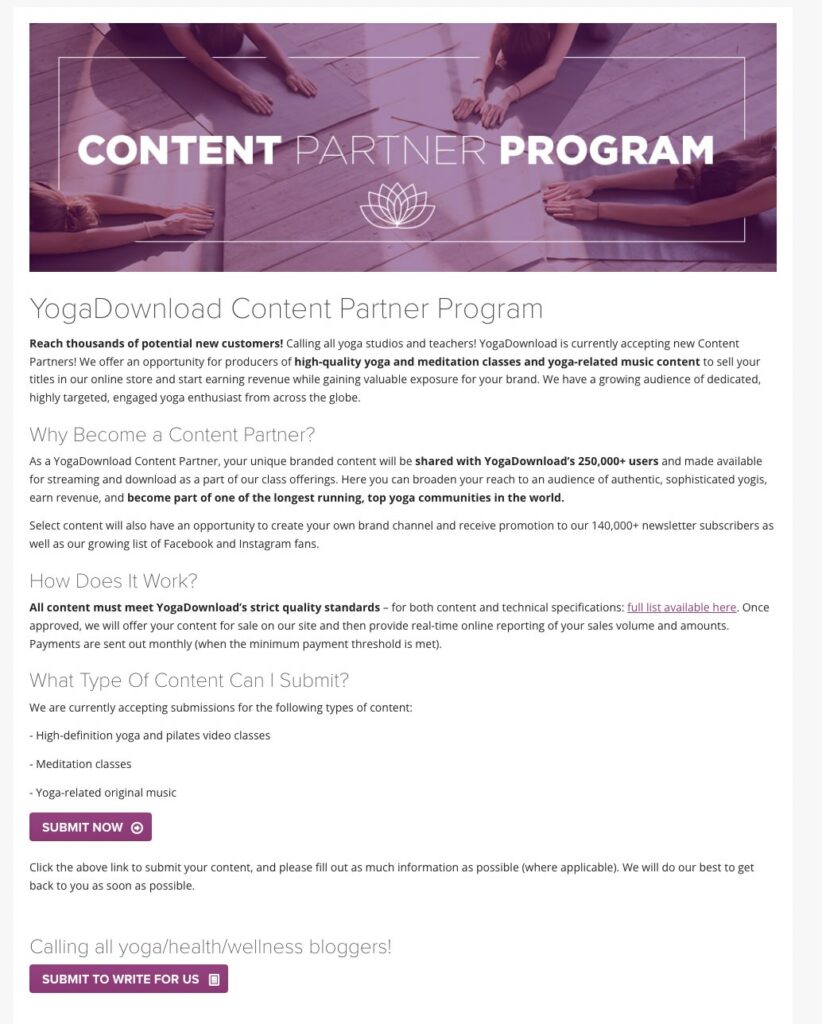 Image of the YogaDownload content partner program where yoga teachers can apply to submit their yoga classes to be sold on YogaDownload.