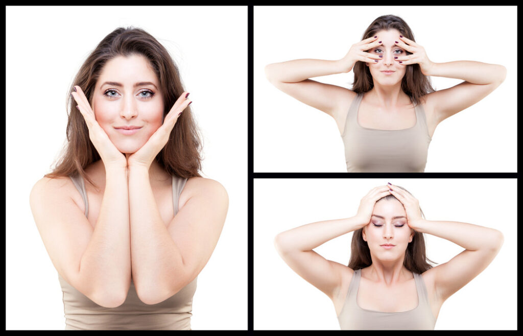 Woman doing face yoga exercises to remove crows feet, tighten the jawline, and address forehead wrinkles.