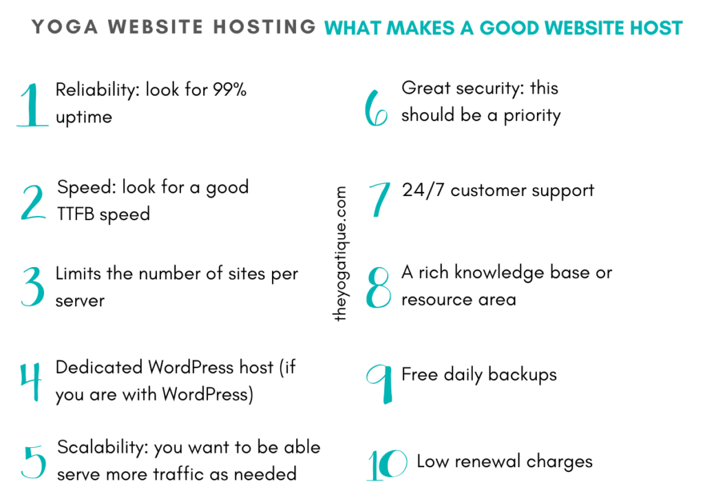 An infographic that describes what makes a good website host 1. Reliability 2. Speed 3. Limits the number of sites per server 4. Dedicated WordPress host for Wordpress sites 5. Scalability 6. Great security 7. 24/7 customer support 8. A rich knowledge base or resource area 9. Free daily backups 10. Low renewal charges