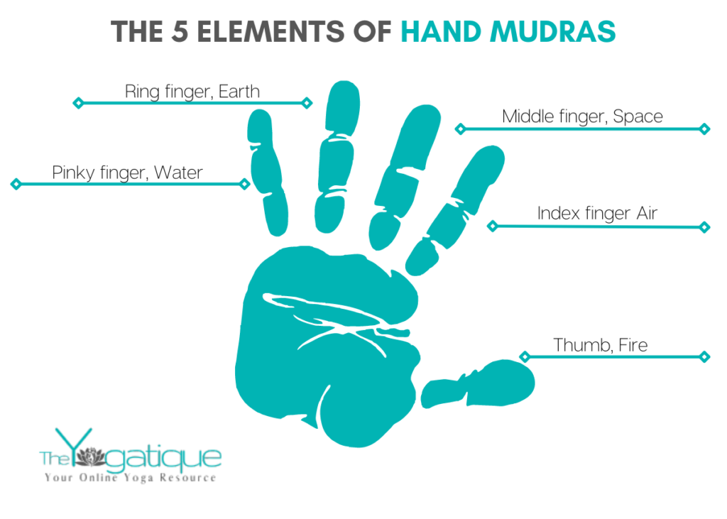 5 elements of hand mudras infographic. 2. Thumb = Fire 2. Index finger = Air 3. Middle finger = Space 4. Ring finger = Earth 5. Pinky finger = Water