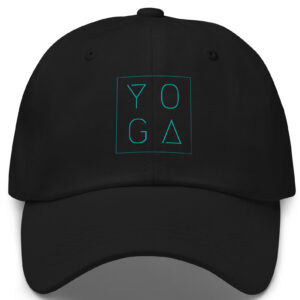Black yoga trucker hat with a clean modern teal yoga graphic print design on the front.