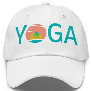 Classic white yoga trucker hat that says yoga in teal block letters and has a sunset graphic print.