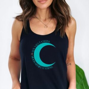 Female yogi with long brown hair wearing a black racerback yoga tank top with Sun Salutations Moon Manifestations graphic.