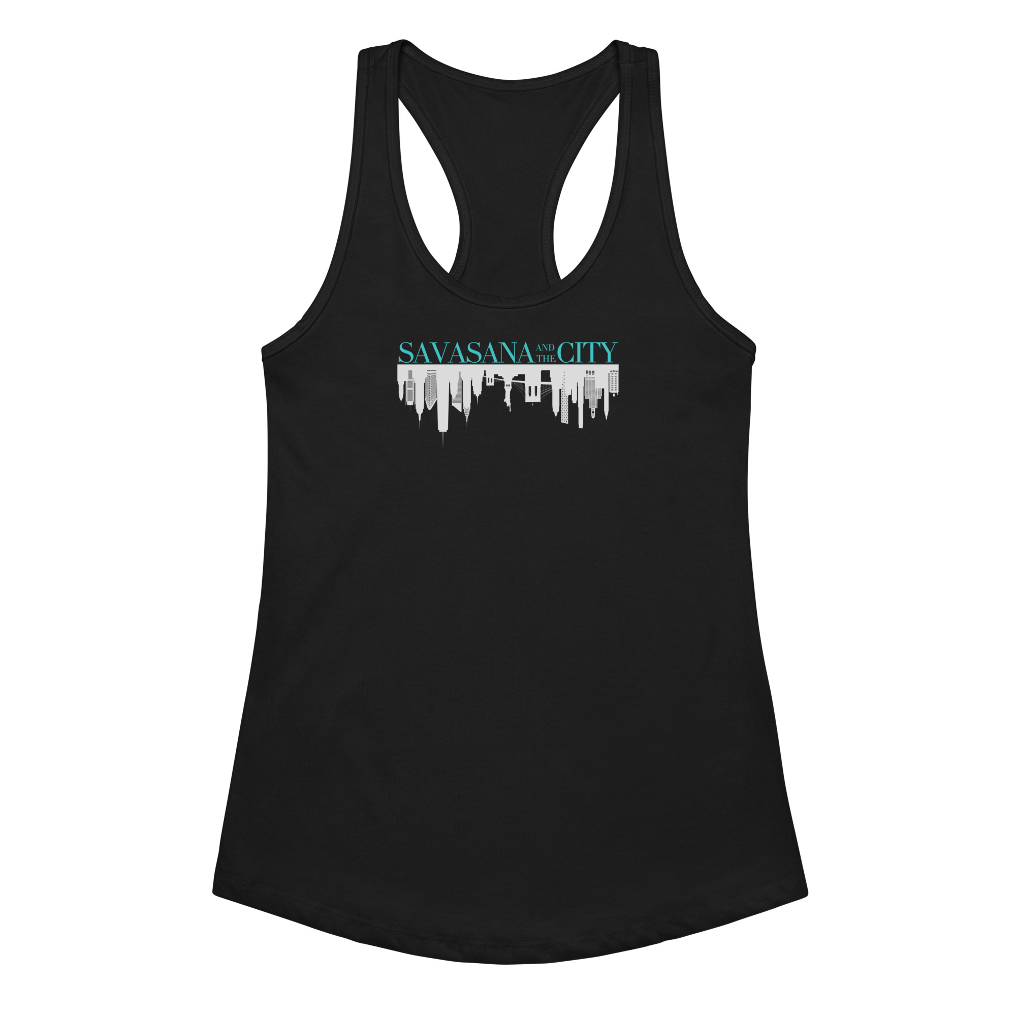 Ladies black yoga racerback tank top for yoga lovers lying flat with Savasana and the City graphic design.