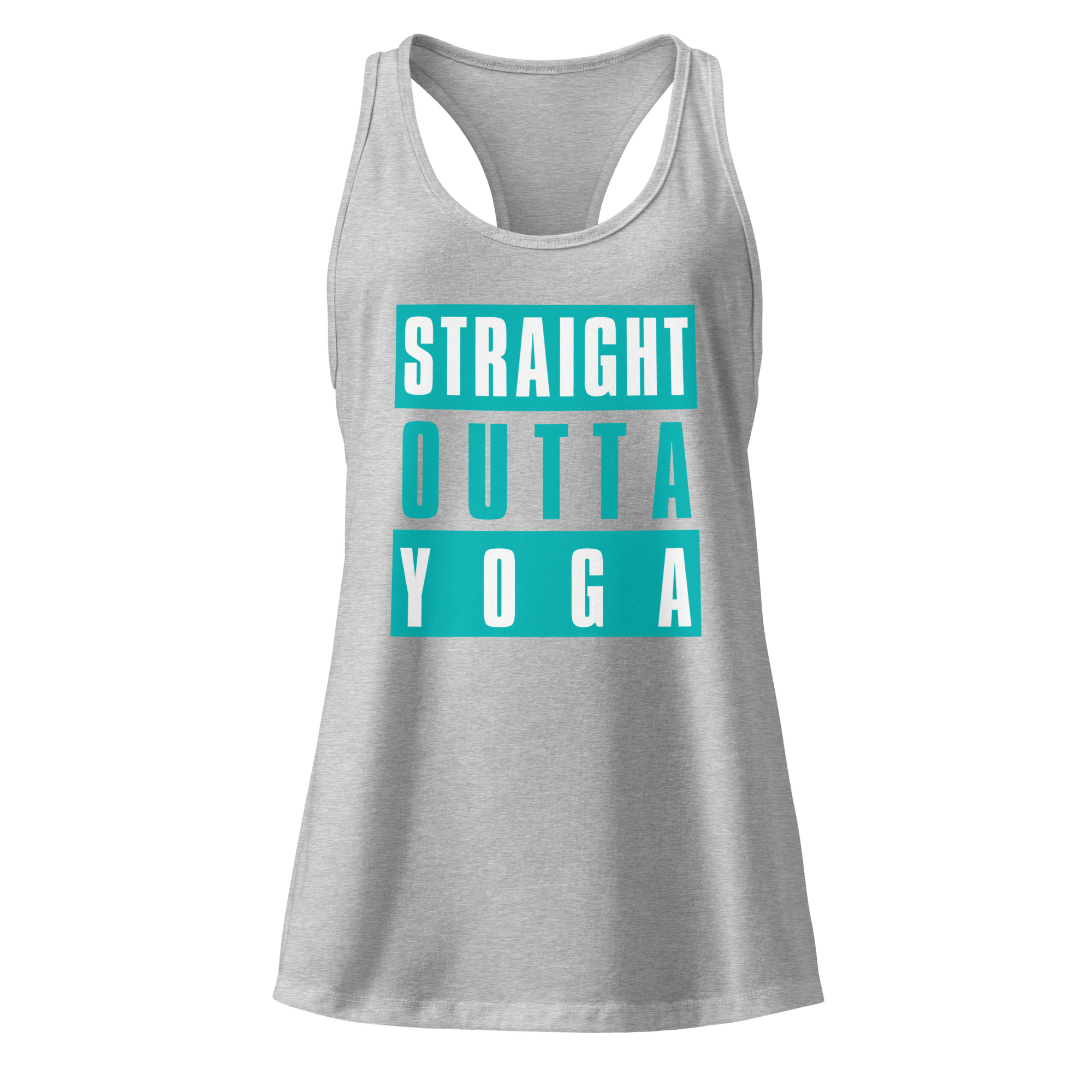 Ladies gray yoga racerback tank top for yoga lovers lying flat with Straight Outta Yoga graphic.