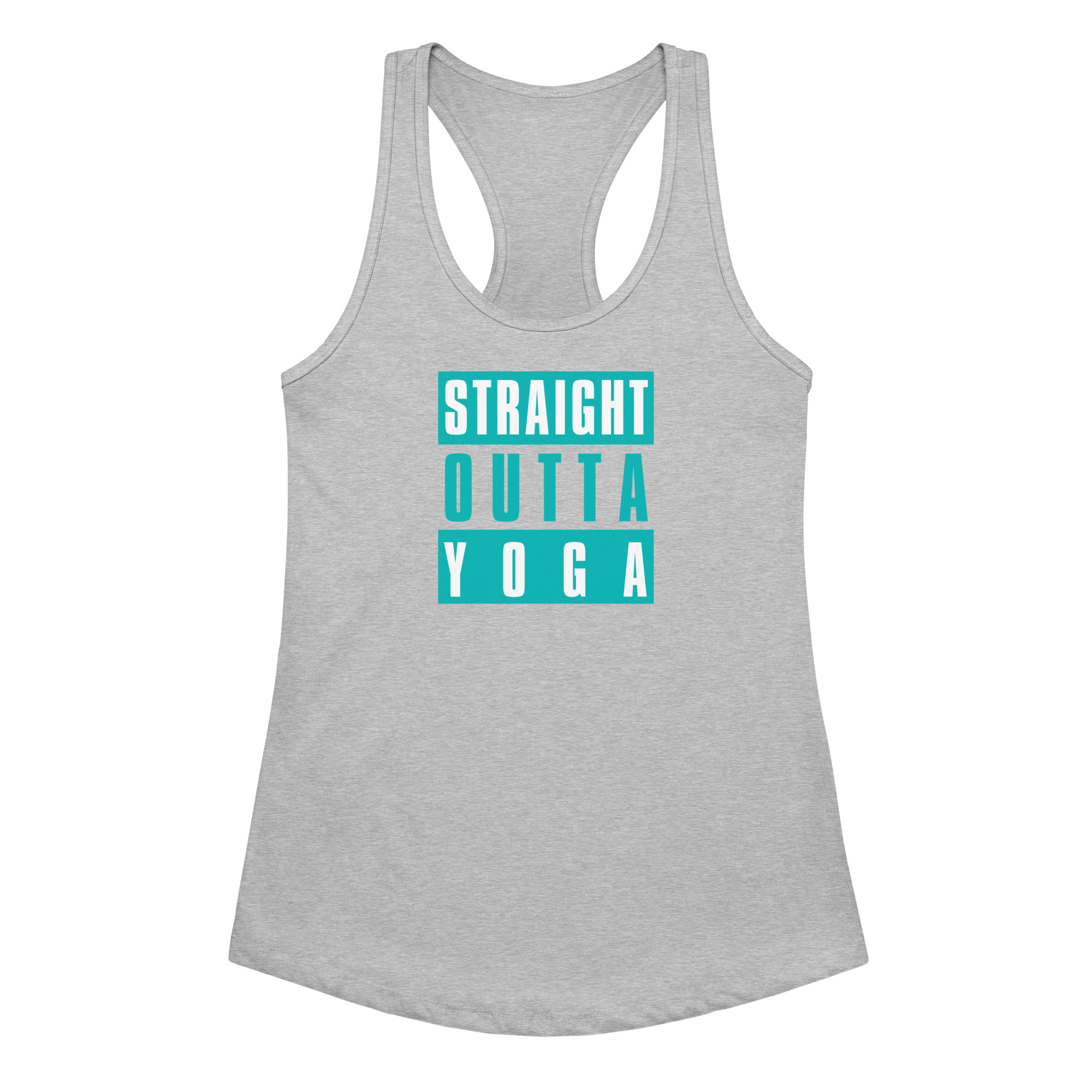 Ladies gray yoga racerback tank top for yoga lovers lying flat with Straight Outta Yoga graphic.