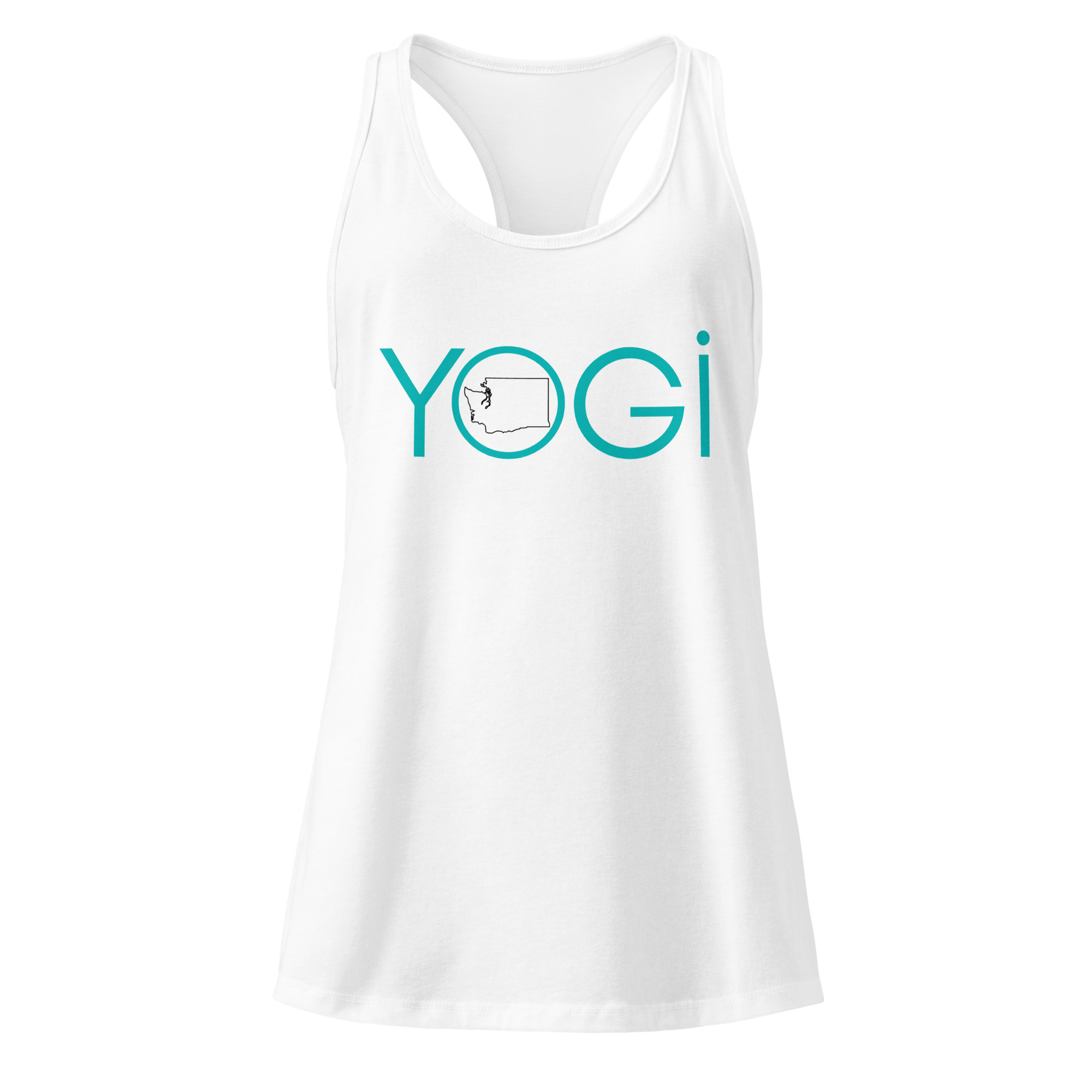 Ladies white racerback tank top for yoga lovers with the word yoga and an outline of WA State.