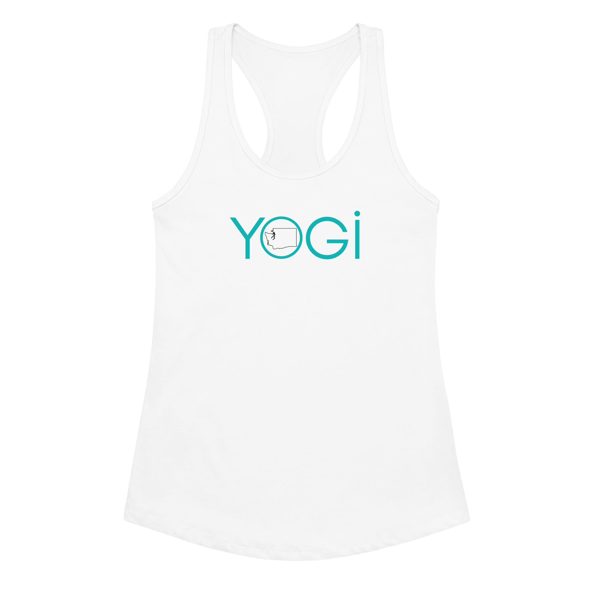 Ladies white racerback tank top for yoga lovers with the word yoga and an outline of WA State.