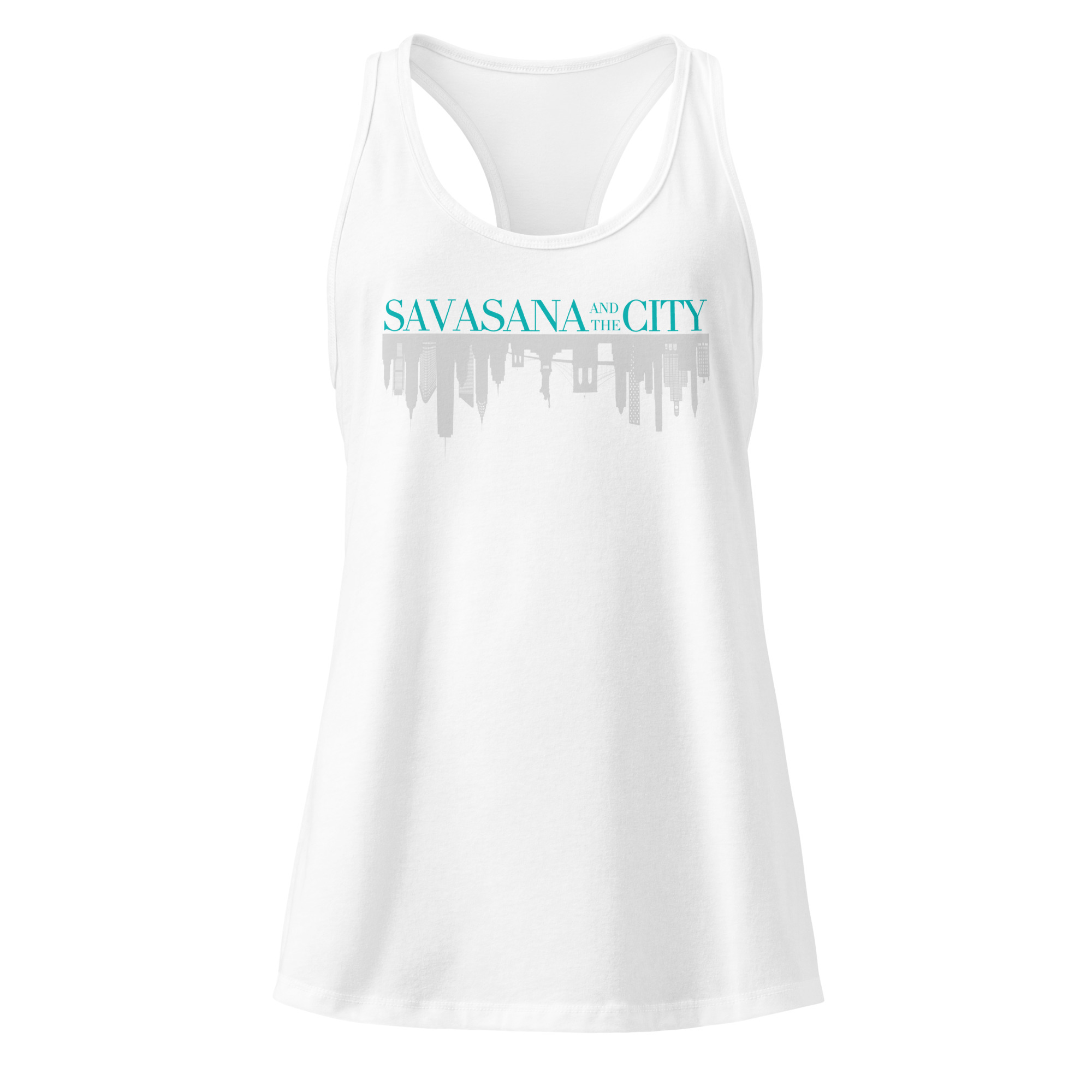Ladies white yoga racerback tank top for yoga lovers lying flat with Savasana and the City graphic design.