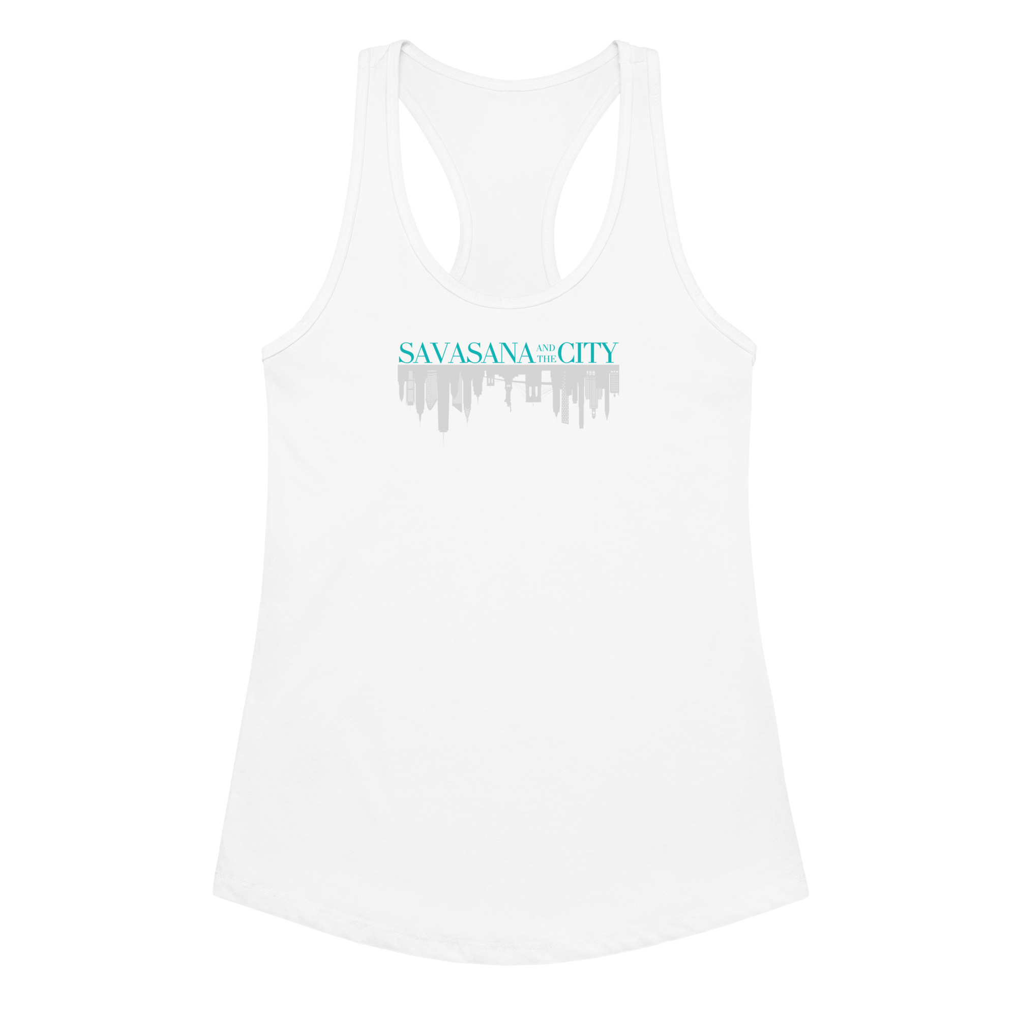 Ladies white yoga racerback tank top for yoga lovers lying flat with Savasana and the City graphic design.