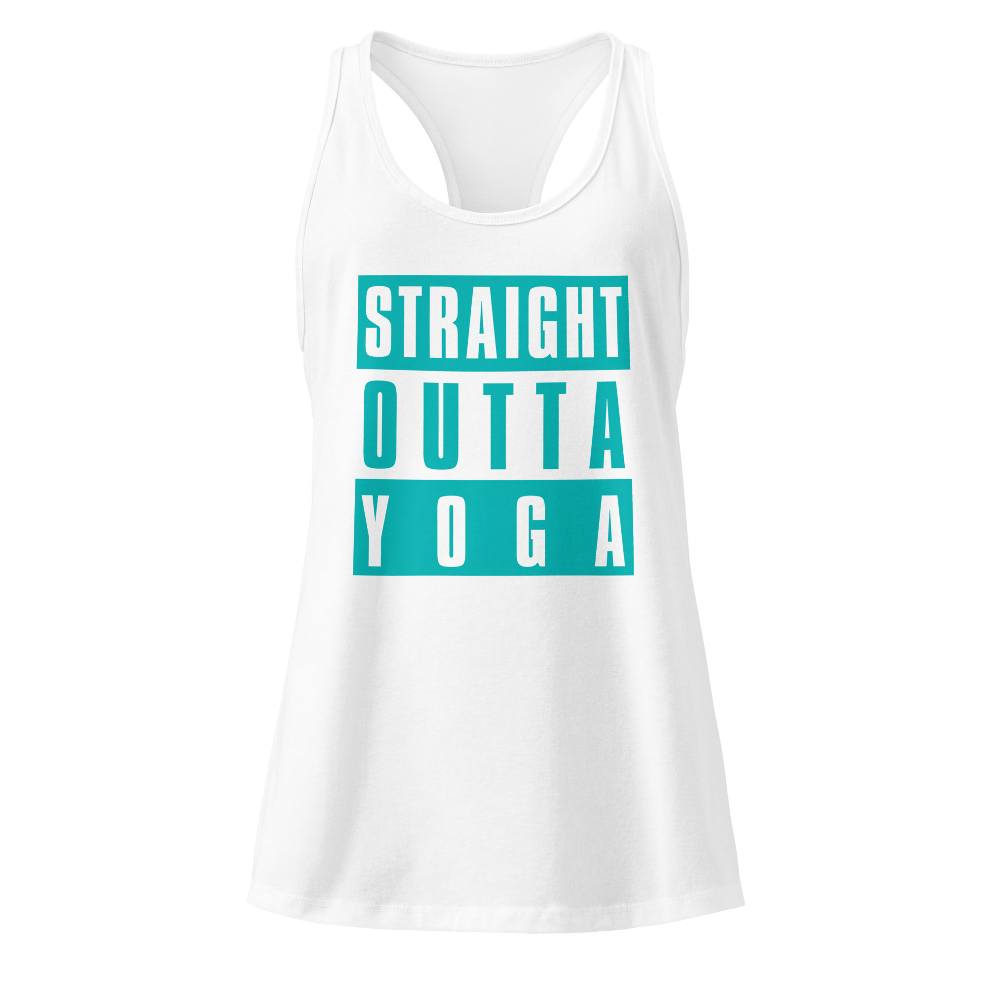 Ladies white yoga racerback tank top for yoga lovers lying flat with Straight Outta Yoga graphic.