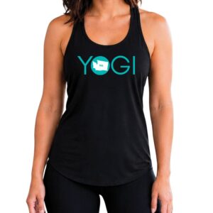Female yogi with brunette hair wearing a black racerback yoga tank top with a graphic of Washington State and the word yogi.