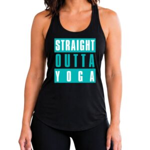 Female yogi with brunette hair wearing a black racerback yoga tank top that says straight outta yoga.