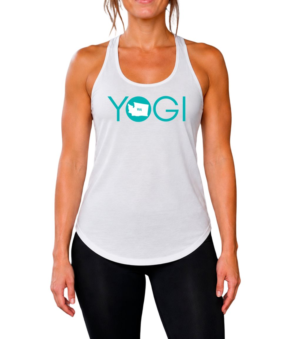 Female yogi with brunette hair wearing a white racerback yoga tank top with a graphic of Washington State and the word yogi.