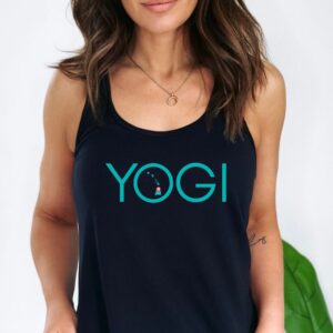 Female yogi with long brunette hair wearing a black racerback yoga tank top with a Hawaii state graphic and the word yogi.
