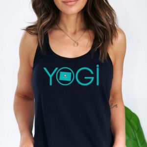 Female yogi with long brunette hair wearing a black racerback yoga tank top with a graphic of Colorado State and the word yogi.