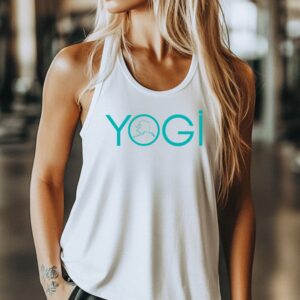 Female yogi with long blonde hair wearing a white racerback yoga tank top with a graphic of Alaska State and the word yogi.