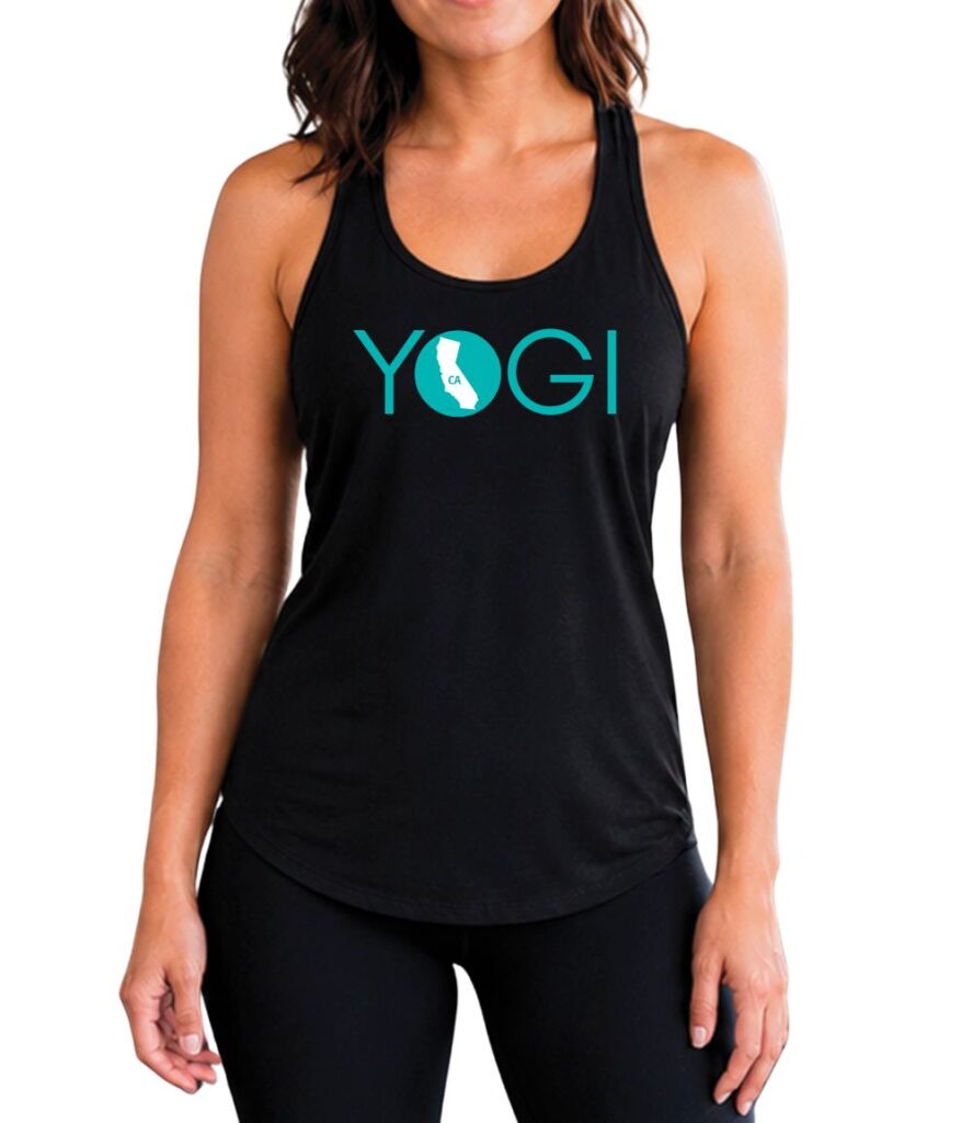 Female yogi with brunette hair wearing a black racerback yoga tank top with a graphic of California State and the word yogi.
