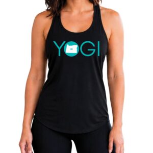 Female yogi with brunette hair wearing a black racerback yoga tank top with a graphic of Oregon State and the word yogi.