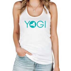 Female yogi with blonde hair wearing a white racerback yoga tank top with a graphic of New York State and the word yogi.