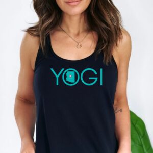 Female yogi with long brunette hair wearing a black racerback yoga tank top with a graphic of Arizona State and the word yogi.