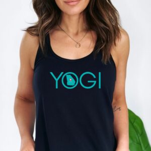 Female yogi with long brunette hair wearing a black racerback yoga tank top with a graphic of Georgia State and the word yogi.