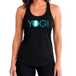 Female yogi with brunette hair wearing a black racerback yoga tank top with a graphic of Indiana State and the word yogi.