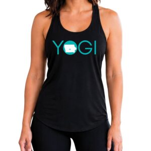 Female yogi with brunette hair wearing a black racerback yoga tank top with a graphic of Iowa State and the word yogi.