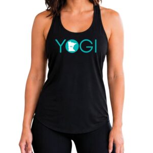 Female yogi with brunette hair wearing a black racerback yoga tank top with a graphic of Minnesota State and the word yogi.