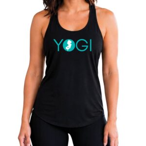 Female yogi with brunette hair wearing a black racerback yoga tank top with a graphic of New Jersey State and the word yogi.